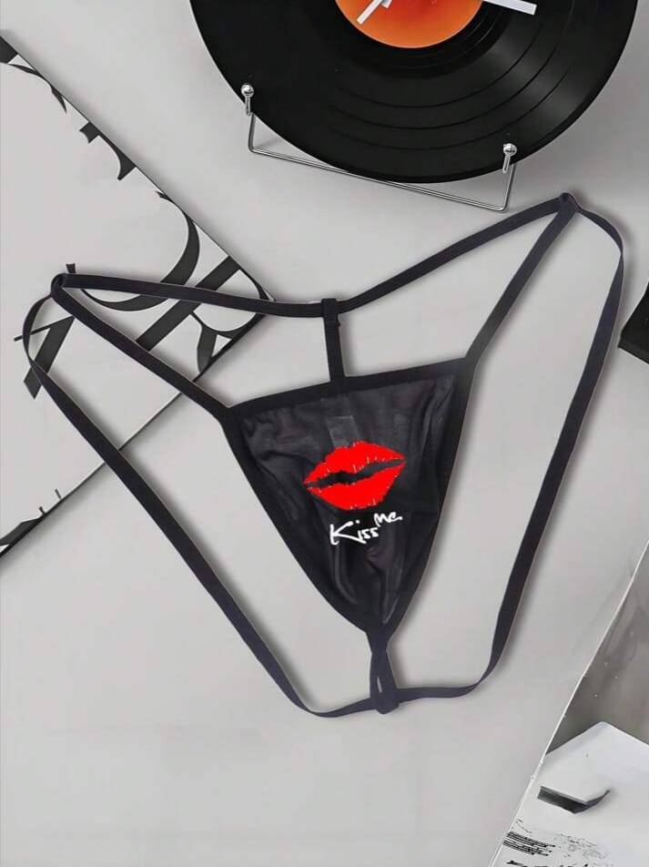 MAD-MEN Men's Mesh Thongs Thin Fabric See-Through Crotch Briefs With Lips Print , Provocative Design Underwear